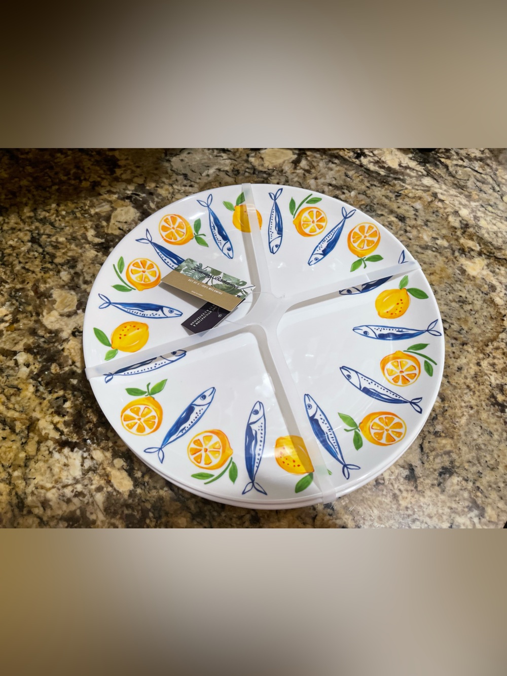 Tommy Bahama Melamine mediterranean lemon and fish plate set  - (4) 11” NEW